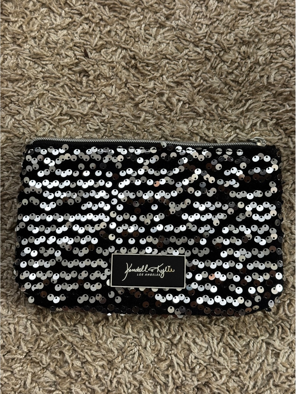 Kendall + Kylie Los Angeles Black Silver Sequin Cosmetic Makeup Bag Zip Pouch
